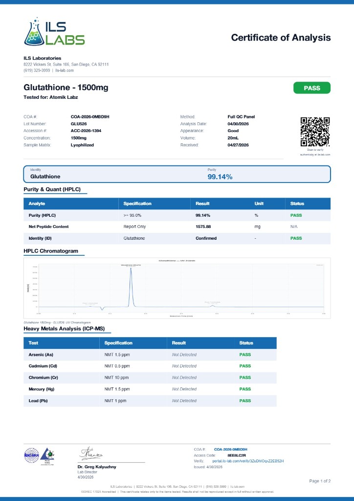 ILS Labs Certificate of Analysis for Atomik Labz Glutathione 1500mg, lot GLU526