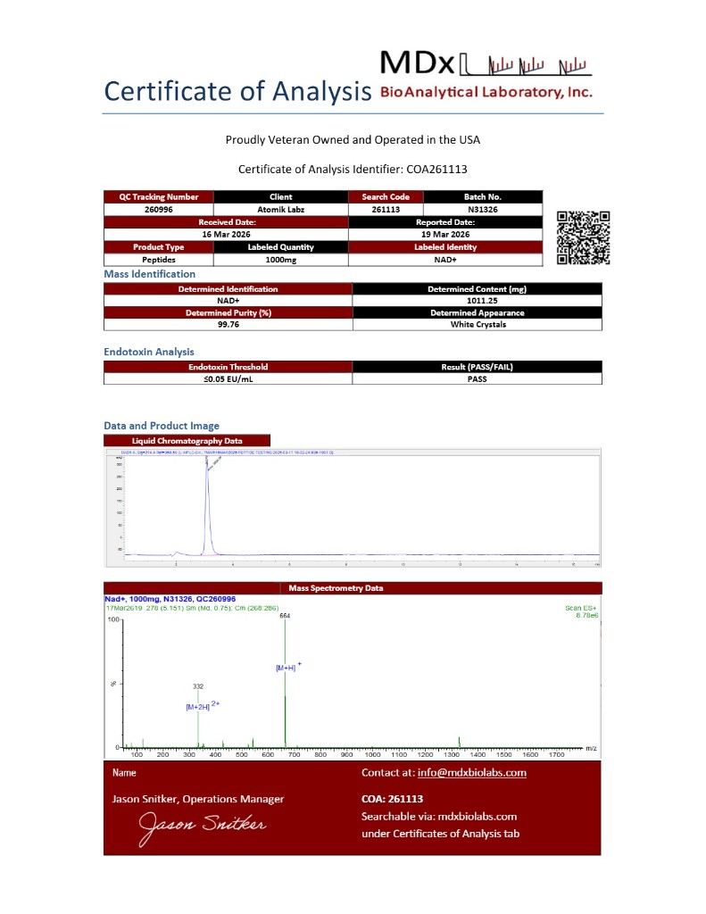 MDx BioAnalytical Certificate of Analysis for Atomik Labz NAD+ 1000mg, batch N31326