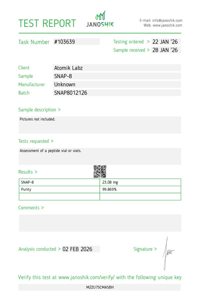 Janoshik test report for Atomik Labz SNAP-8, batch SNAP8012126